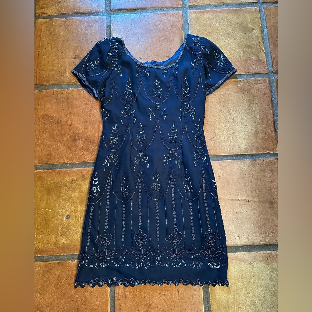EUC Vintage Formal Beaded Navy Blue Dress, size 6